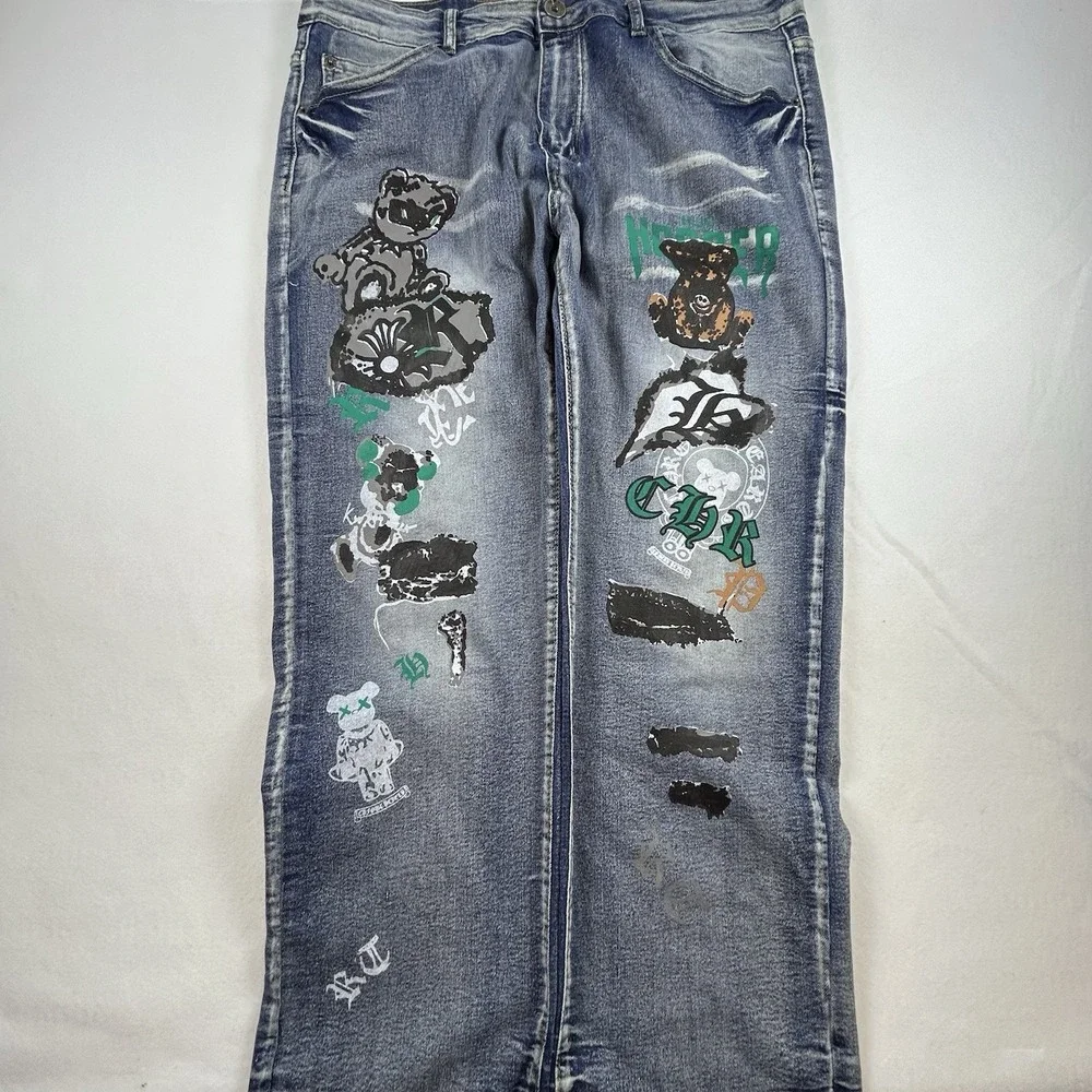 Men's Baggy Graphic Jeans 36 Teddy Bear Graffiti‎ Y2K Streetwear Wide Leg Skater